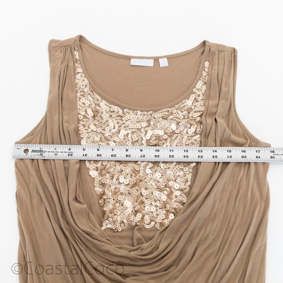 New York & Co Waterfall Neckline Tan Sleeveless Top XL Sequins Cowl Draped Y2K - Picture 8 of 10